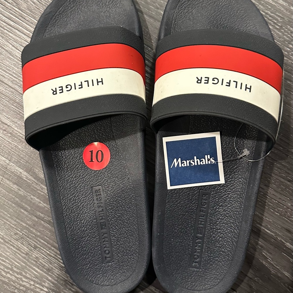 Tommy Hilfiger Men's Black and Red Slide Sandals